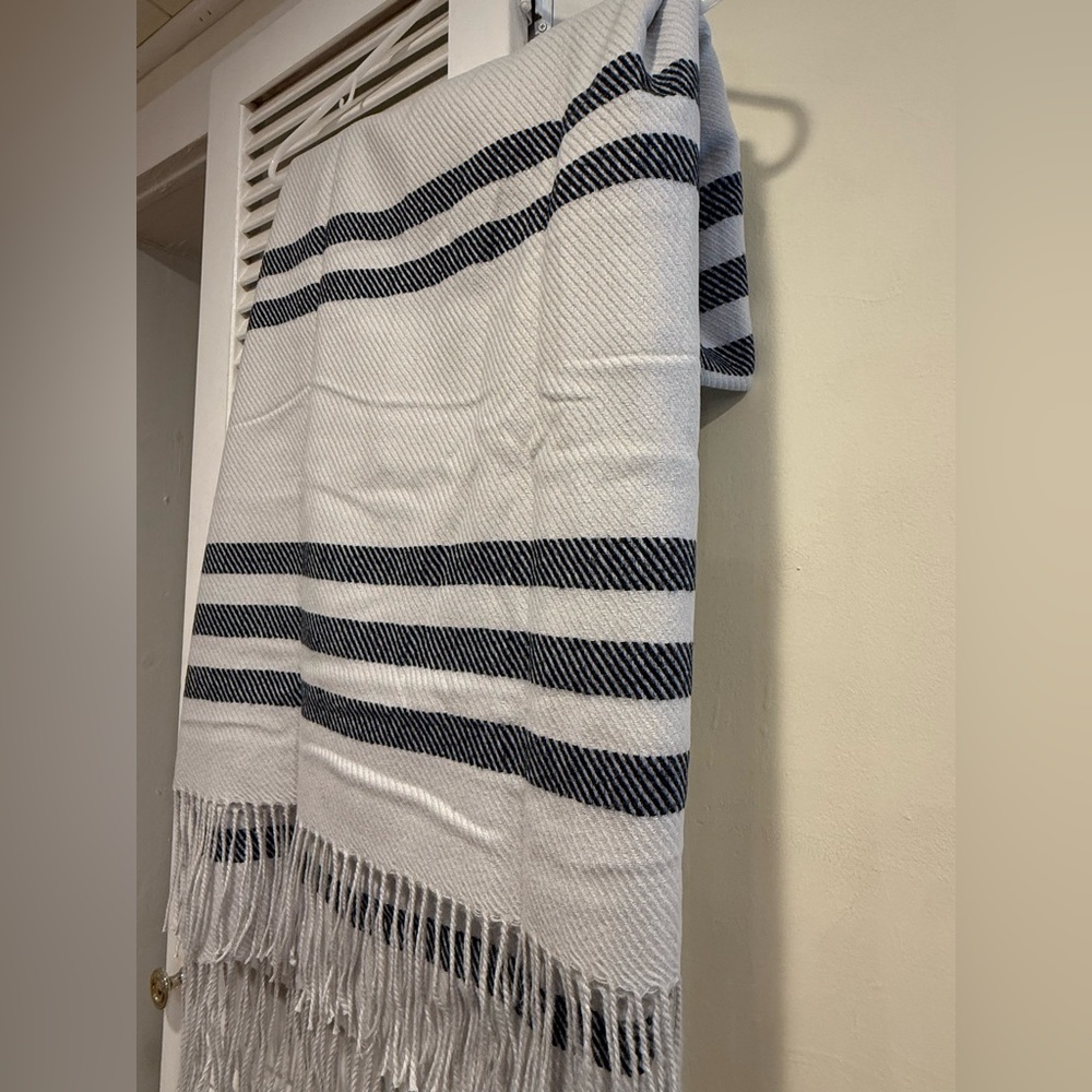 White and Navy/black Striped warm scarf